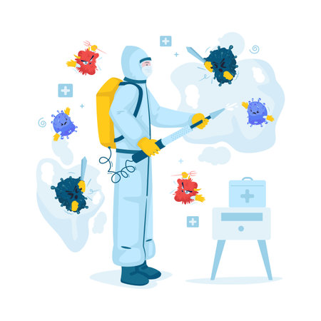 Medical worker spraying disinfectant vector illustrationのイラスト素材