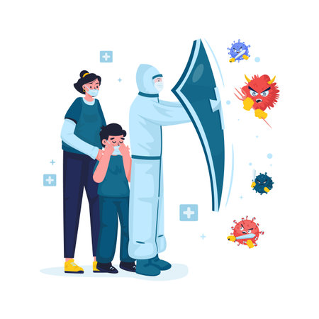 Medical Officer with shield to protect family from virus attack vector illustrationのイラスト素材