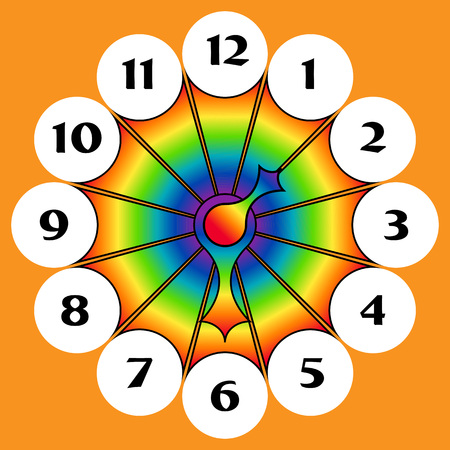 Rainbow Clock with arrows in different colors on orange backgroundのイラスト素材