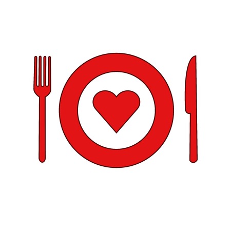 Fork, knife and plate with red heart flat icon. Vector illustration.のイラスト素材
