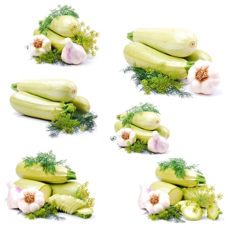 Zucchini, whole, chopped, garlic, dill, isolated on a white background の写真素材