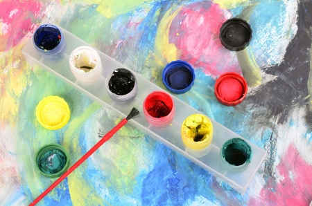 Acrylic paints and paint brushes, drawing,の写真素材