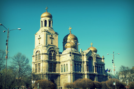 The Assumption Cathedral of Modern Byzantine style with golden domes Varna Bulgariaの写真素材