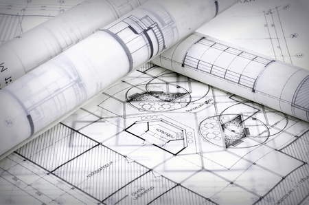Architectural plans of the old paper ,tracing paperの写真素材