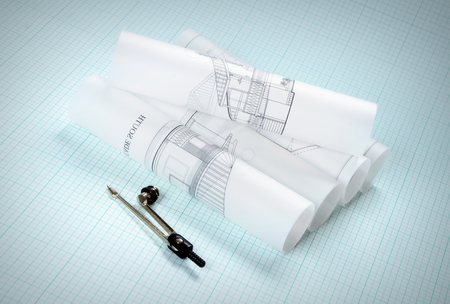 drawings and tools on graph paperの写真素材