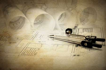 vintage architectural project, on grunge paper with some stainsの写真素材