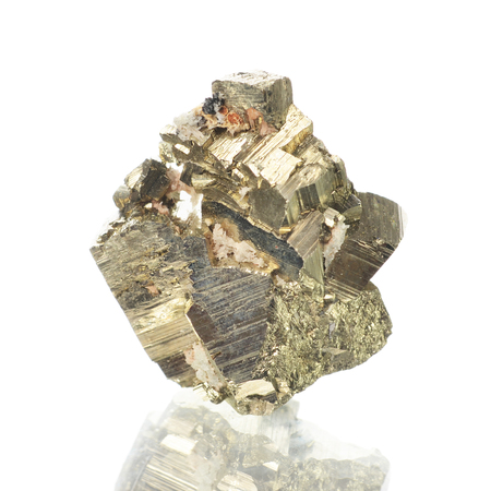 macro shooting of natural mineral rock specimen -  pirite,stone on an isolated white...