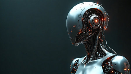 3D rendering of a female robot with glowing eyes on a dark backgroundの素材