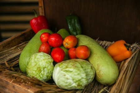 Composition with assorted raw organic fresh vegetablesの写真素材