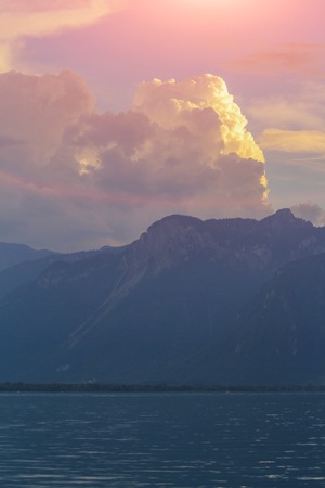 Beautiful view of Geneva lake from Montreux city on a sunny summer day, Canton of Vaud, Switzerlandの写真素材