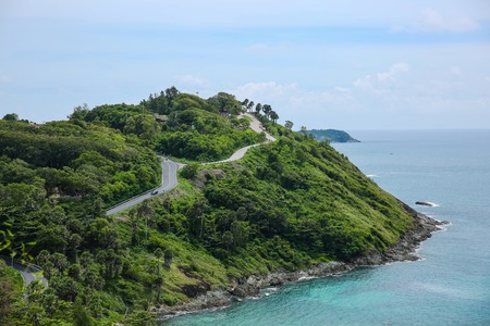 Panoramic view at windmill viewpoint. It overlooks Yanui Beach with beautiful sandy beaches and Promthep Cape.の写真素材