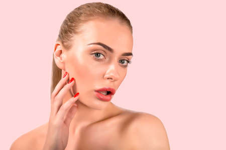 Portrait of a beautiful nude female girl model big lips on white background spa