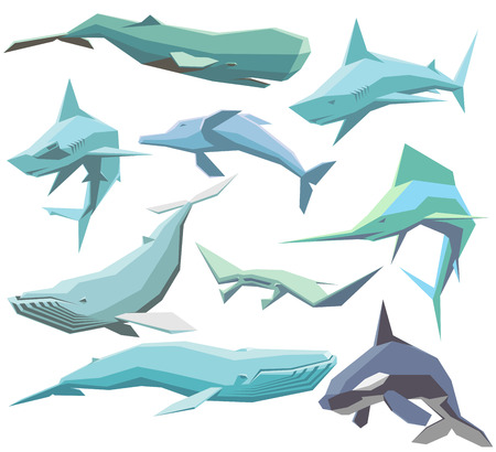 vector set of isolated geometric polygon sea animalsのイラスト素材