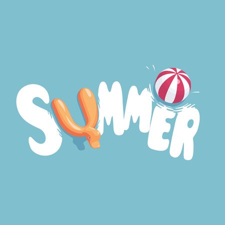 white funny letters with inflatable rubber duck swim ring and a beach ball on blue backgroundのイラスト素材