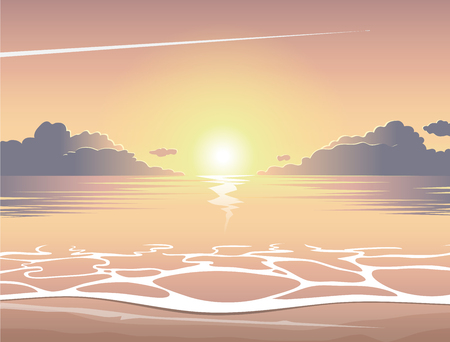 Evening sea beach at sunset with waves, clouds and a plane flying in the sky, vector summer background, summer illustration, summer beachのイラスト素材
