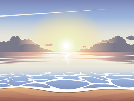 Morning sea beach at sunrise with waves, clouds and a plane flying in the sky, vector summer background, summer illustration, summer beach, summer posterのイラスト素材