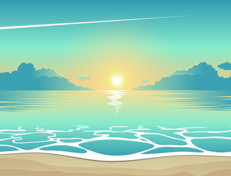 Summer background, vector illustration of the evening beach at sunset with waves, clouds and a plane flying in the sky, seaside view posterのイラスト素材