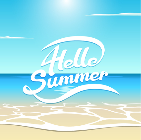 Vector summer illustration sea beach with wave, sun and clouds, hello summer lettering is hand-drawn, white letters on summer backgroundのイラスト素材