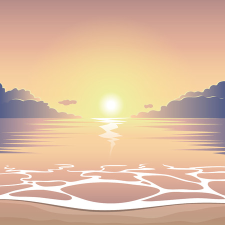 Evening sea beach at sunset with waves and clouds, vector summer background, summer illustration, summer beachのイラスト素材