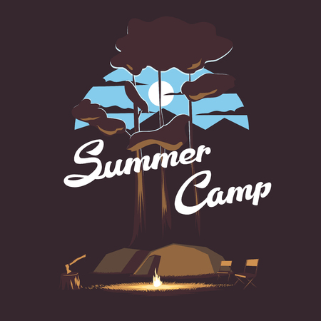 summer illustration, summer camp emblem on the forest background with campfire, mountains, tents and the moonのイラスト素材