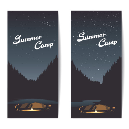 Set of summer camp banners at night with bonfire, axe, tents amid the forest and river or lake, summer backgroundのイラスト素材