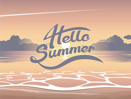 Summer illustration of evening beach at sunset with  hello summer lettering, summer background with emblem, seaside view posterのイラスト素材