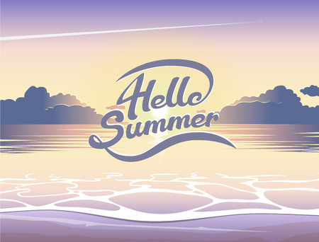 summer illustration of  beach and sea at sunrise, lettering emblem  on summer background, seaside view posterのイラスト素材