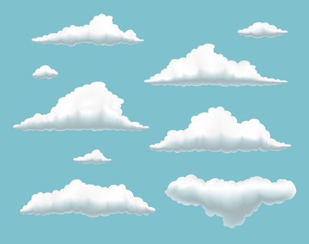 collection of clouds in  summer  blue sky, set of volumetric clouds on blue background,  set of cartoon cloudsのイラスト素材