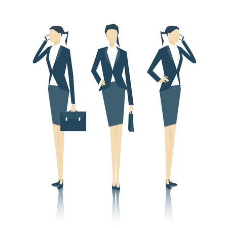 vector set of business people standing face and side with a briefcase and talking on a cell phone, business vector illustrationのイラスト素材