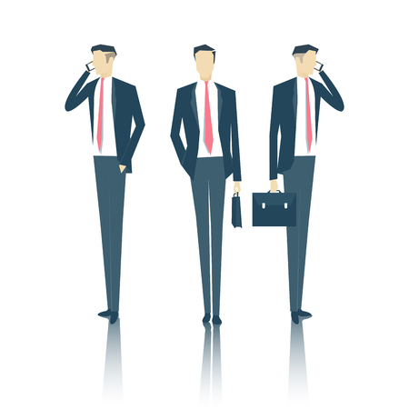 vector set of business people standing face and side with a briefcase and talking on a cell phone, business vector illustrationのイラスト素材
