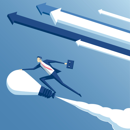 business concept ideas and creativity,  illustration of businessman riding on the idea or a light bulb and flying in the skyのイラスト素材