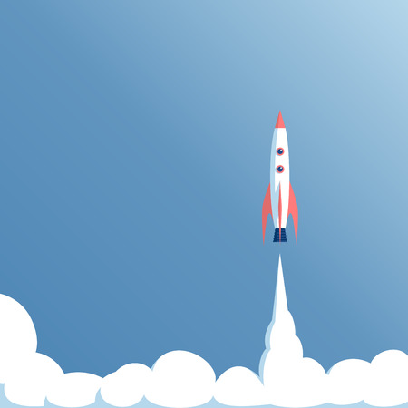 illustration launch the spacecraft or spaceship on a blue background, spacecraft takeoff, startup conceptのイラスト素材