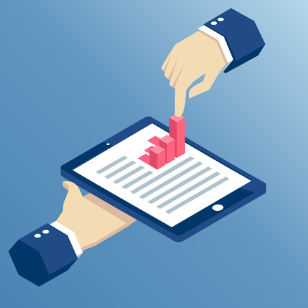 Isometric hands holding a tablet and touching a bar graph, businessman using tablet for business task.のイラスト素材