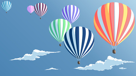 Hot air balloons in the blue sky with clouds, bottom view, illustration set of hot air balloonsのイラスト素材