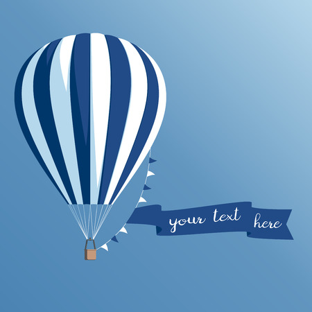 Hot air balloon with a banner on a blue background, striped hot air balloon with ribbon and flags flying in the skyのイラスト素材