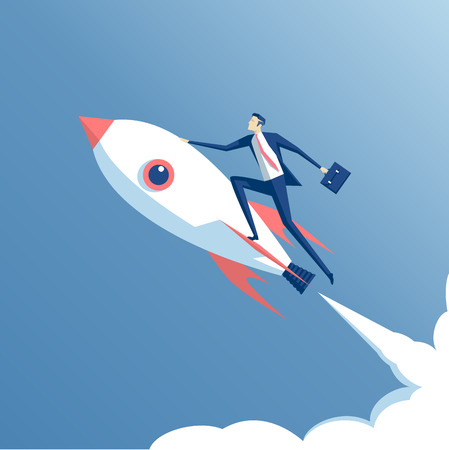 businessman flying on a rocket on blue sky background, business concept startupのイラスト素材