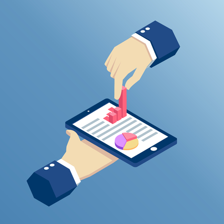 isometric
hand holds the pnone and pulls from it a bar graph, isometric design infographic on smartphone with hands, business concept web analyticsのイラスト素材