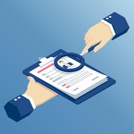 Job interview and recruitment business concept, isometric hands holding resume and magnifying glass, businessman examining resume through a magnifierのイラスト素材