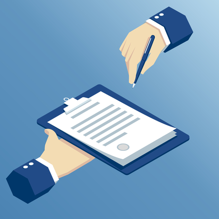 isometric hands sign a contract, signing agreement business concept, isometric hand takes the contract to signのイラスト素材