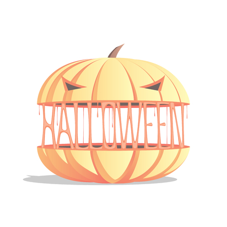 halloween pumpkin cut into two parts, scary pumpkin with halloween sign vector illustrationのイラスト素材