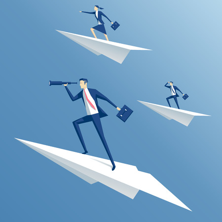 businessman flying on a paper airplane and looking through a telescope, business people flying on paper planesのイラスト素材