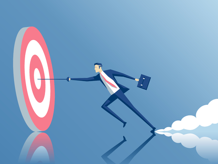 businessman hits the target with a rapier, employee running fast to the goal, business concept of purpose and successのイラスト素材