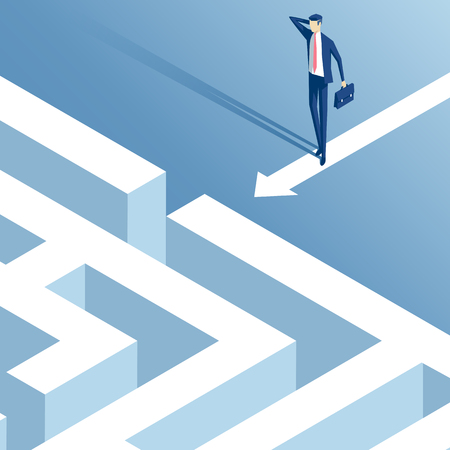 Isometric businessman stood in front of the entrance to the maze and thinks how to pass it, confused employee ponders how to overcome the labyrinth, business, concept problem and challengesのイラスト素材