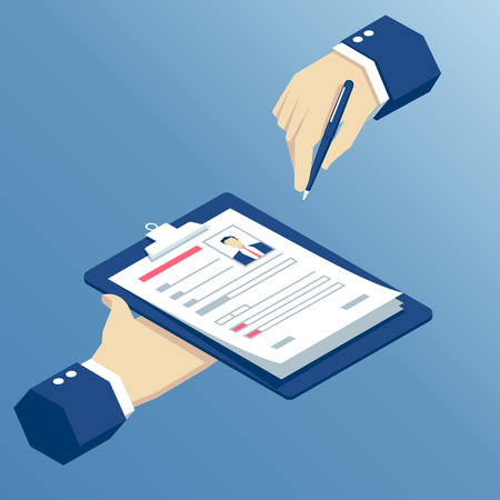 isometric hands writing a resume or fill out a questionnaire,  hands holding form on clipboard and pen isometric design, search job or employment business conceptのイラスト素材
