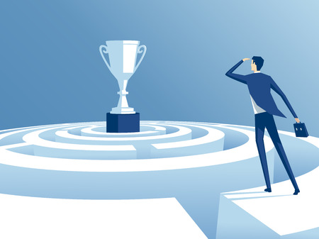 businessman has climbed to the top of the maze and trying to find the way to the cup, worker looks how to get through the maze and get a prize. business concept the way to victoryのイラスト素材