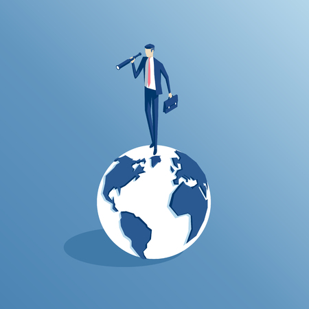 Businessman standing on Earth and looking through a telescope isometric illustration.のイラスト素材