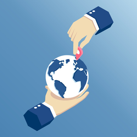 One hand holds the planet Earth and the second sets the marker on its surface an isometric illustration. Business concept navigationのイラスト素材