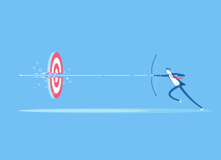 Businessman on the run shoots a bow at a target and destroying it. A man shoots an arrow from a bow right in the center of the target. Business concept the goal and right decision vector illustrationのイラスト素材