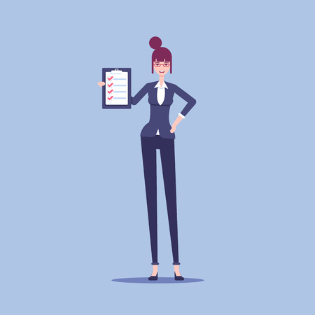 Smiling businesswoman holding a clipboard with a check list and marked items in it vector flat illustration.Happy woman clerk noted all the items in the check list.のイラスト素材