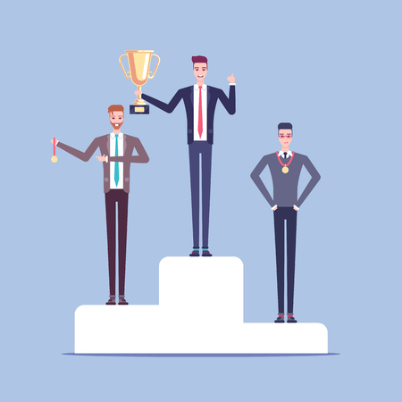 Businessmen winners stand on the pedestal at the awards ceremony vector flat illustration.のイラスト素材